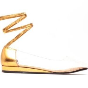 Yves Saint Laurent Lace Up Flats Sz 6.5 Gold Clear Metallic Shoes Made In Italy